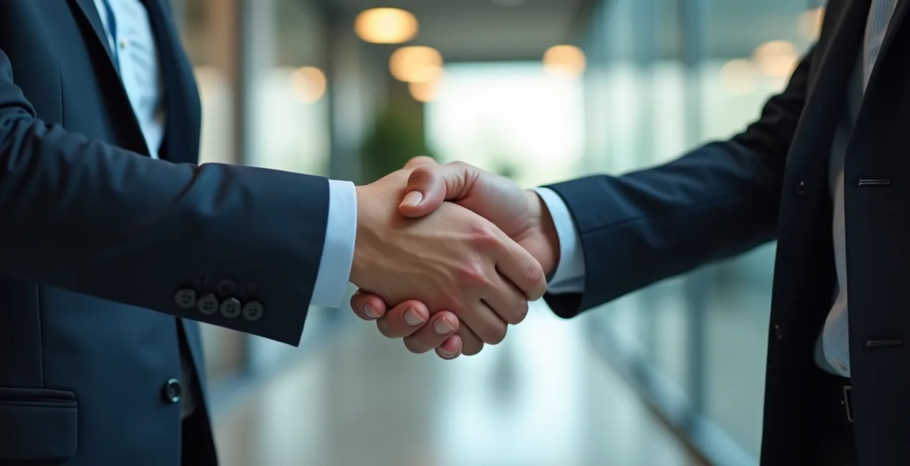 Poignée de main professionnelle entre deux personnes dans un environnement de bureau moderne