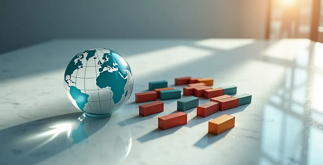 Carte abstraite des flux commerciaux mondiaux avec points de connexion lumineux
