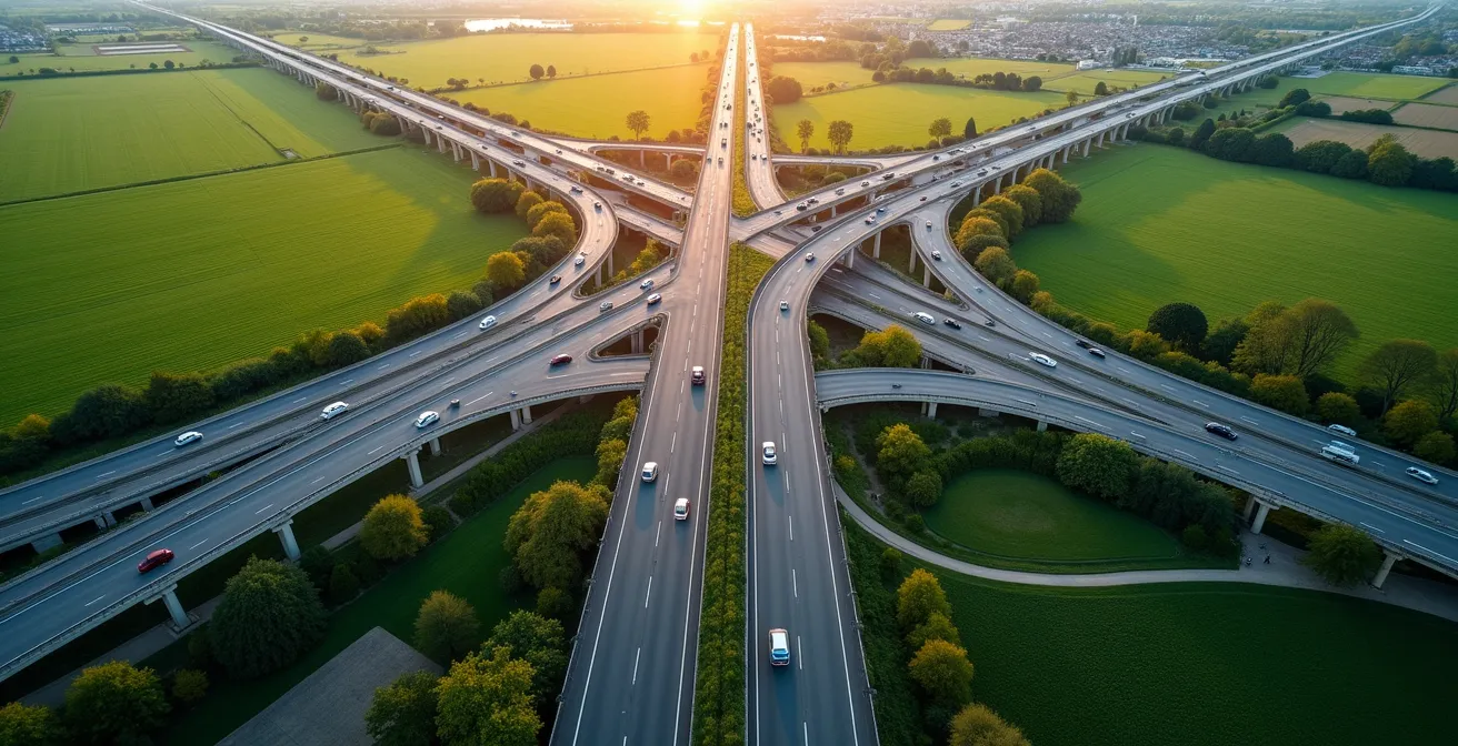 Vue aérienne minimaliste d'un carrefour routier symbolisant les différents parcours de formation possibles