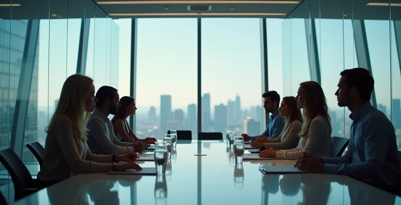 Groupe de professionnels diversifiés en discussion stratégique autour d'une table