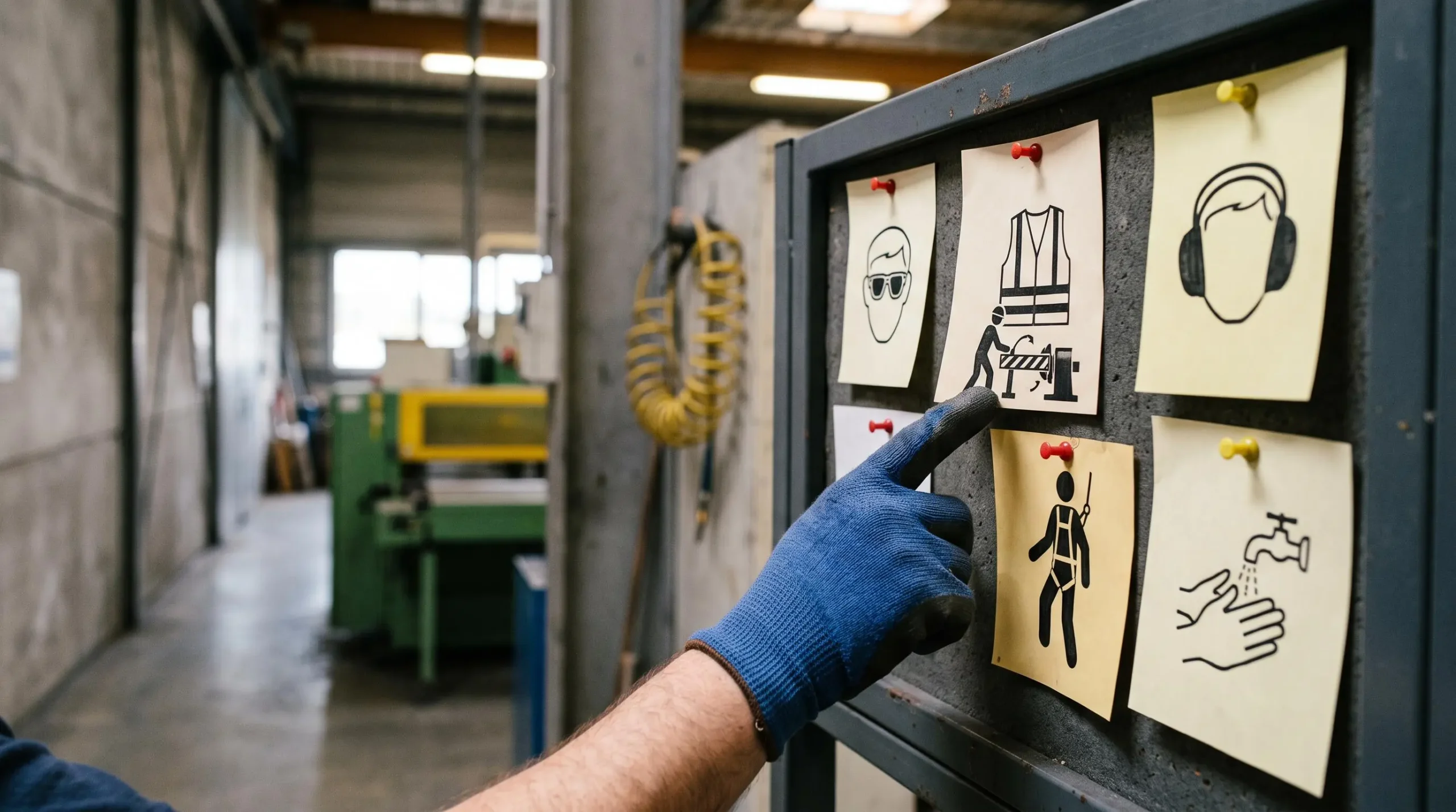 Une main fixe une fiche de sécurité illustrée sur un tableau d'affichage dans un couloir d'usine.