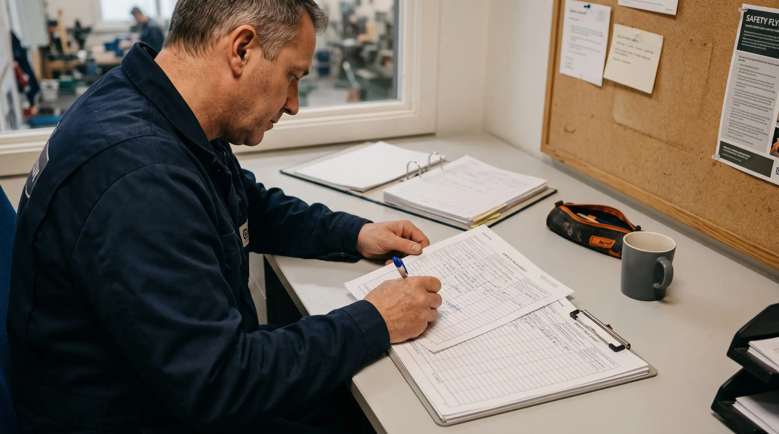 Un préventeur rédige une fiche de quart d'heure sécurité à son bureau, avec un classeur à côté de lui.