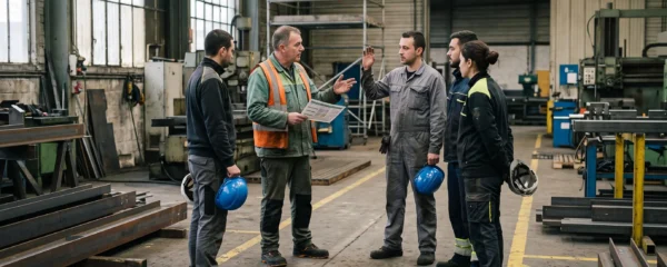 Un superviseur anime un quart d'heure sécurité avec une équipe d'ouvriers réunis en cercle dans un atelier industriel.