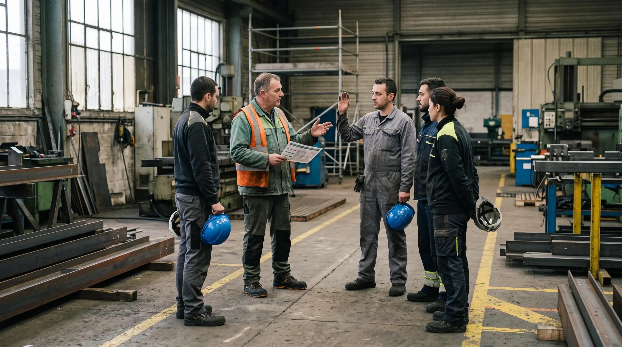 Un superviseur anime un quart d'heure sécurité avec une équipe d'ouvriers réunis en cercle dans un atelier industriel.